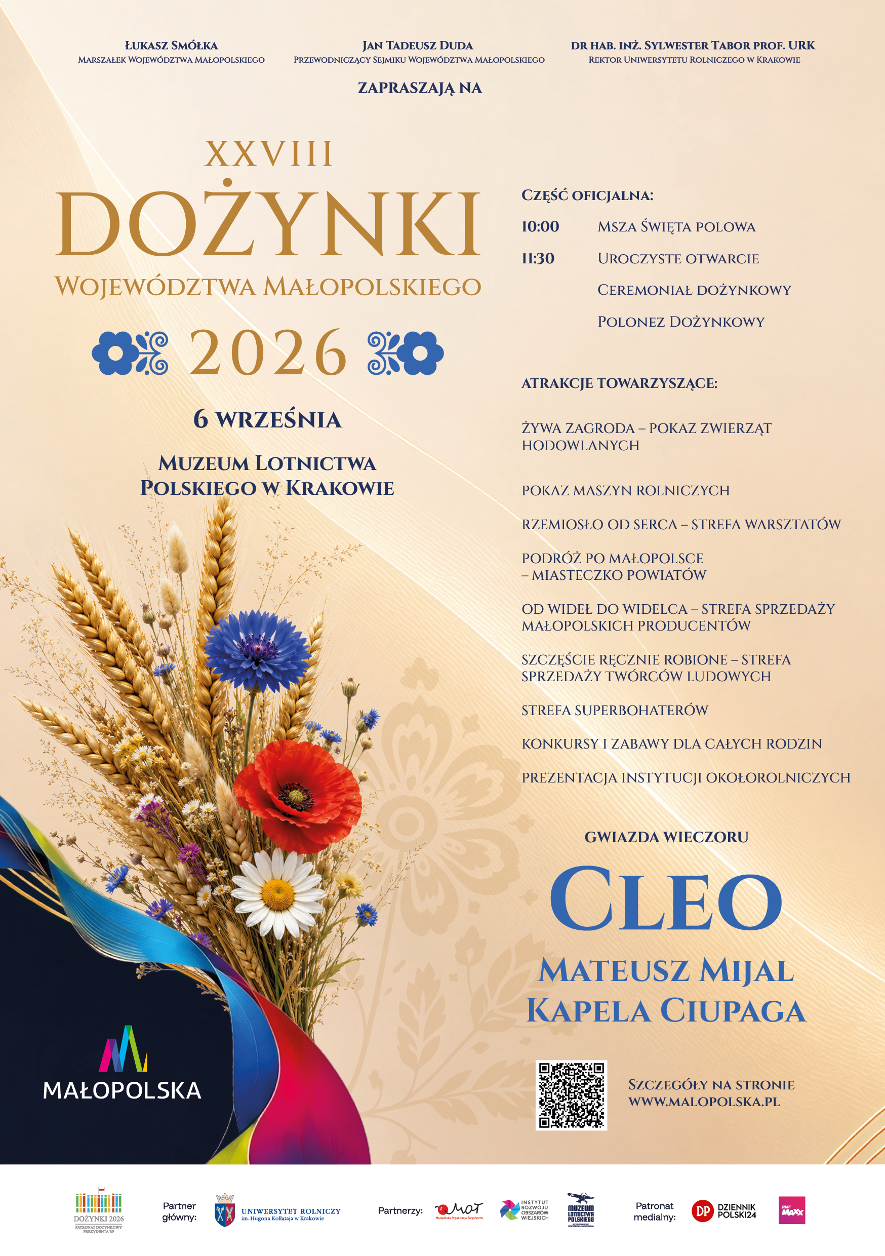Plakat z&nbsp;opisem imprezy i&nbsp;programem na&nbsp;kremowym tle z&nbsp;elementami roślinnymi. W lewym dolnym rogu bukiet złożony ze zb&oacute;ż i&nbsp;polnych kwiat&oacute;w oraz&nbsp;logo małopolski.