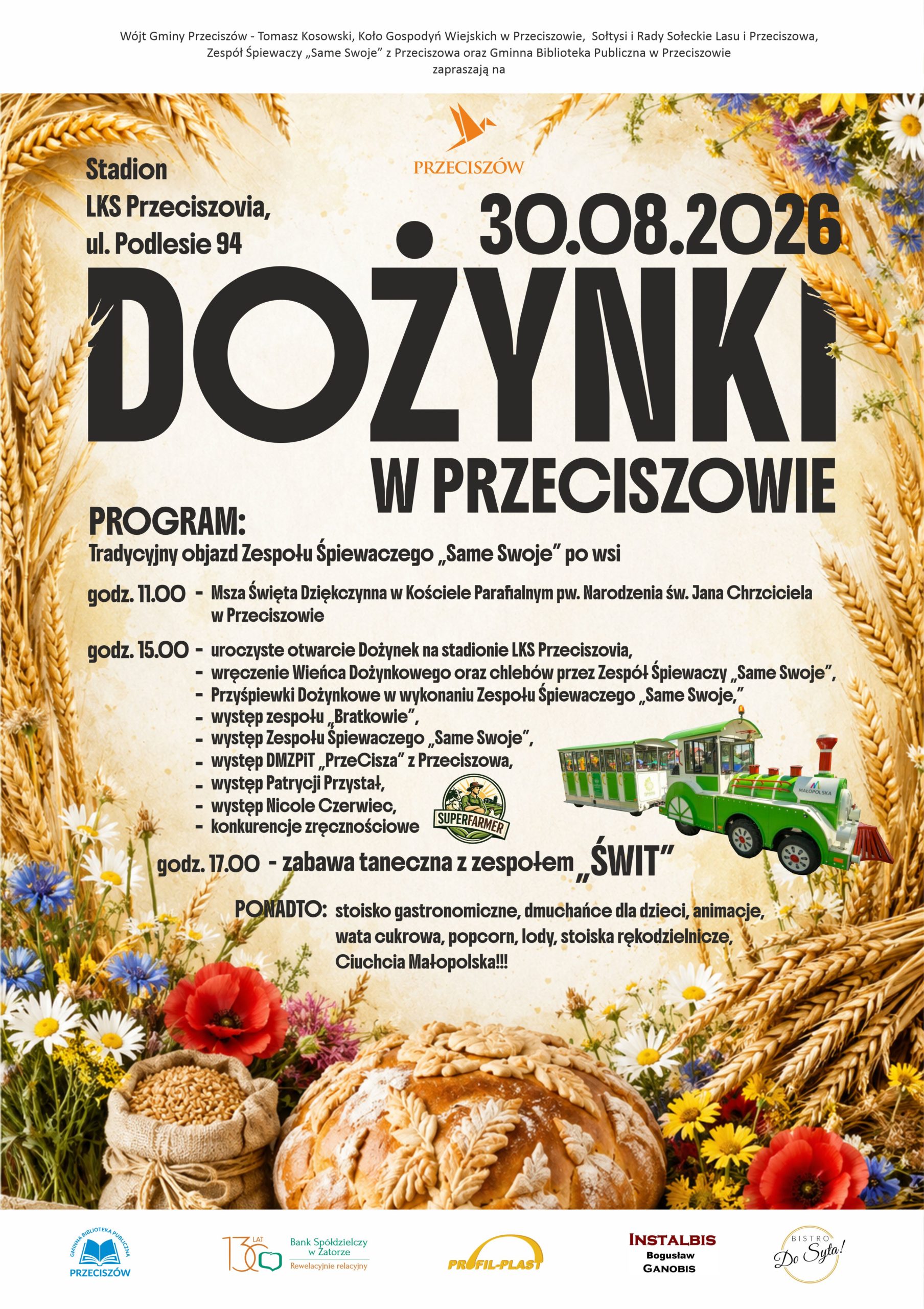 Plakat dotyczący dożynek w&nbsp;Przeciszowie w&nbsp;centralnej części program natomiast&nbsp;ramka utworzona ze zb&oacute;ż i&nbsp;polnych kwiat&oacute;w. Na dole plakatu wśr&oacute;d zb&oacute;ż i&nbsp;kwiat&oacute;w worek ze zborzem oraz&nbsp;okrągły bochenek chleba z&nbsp;wzorami roślinnymi.