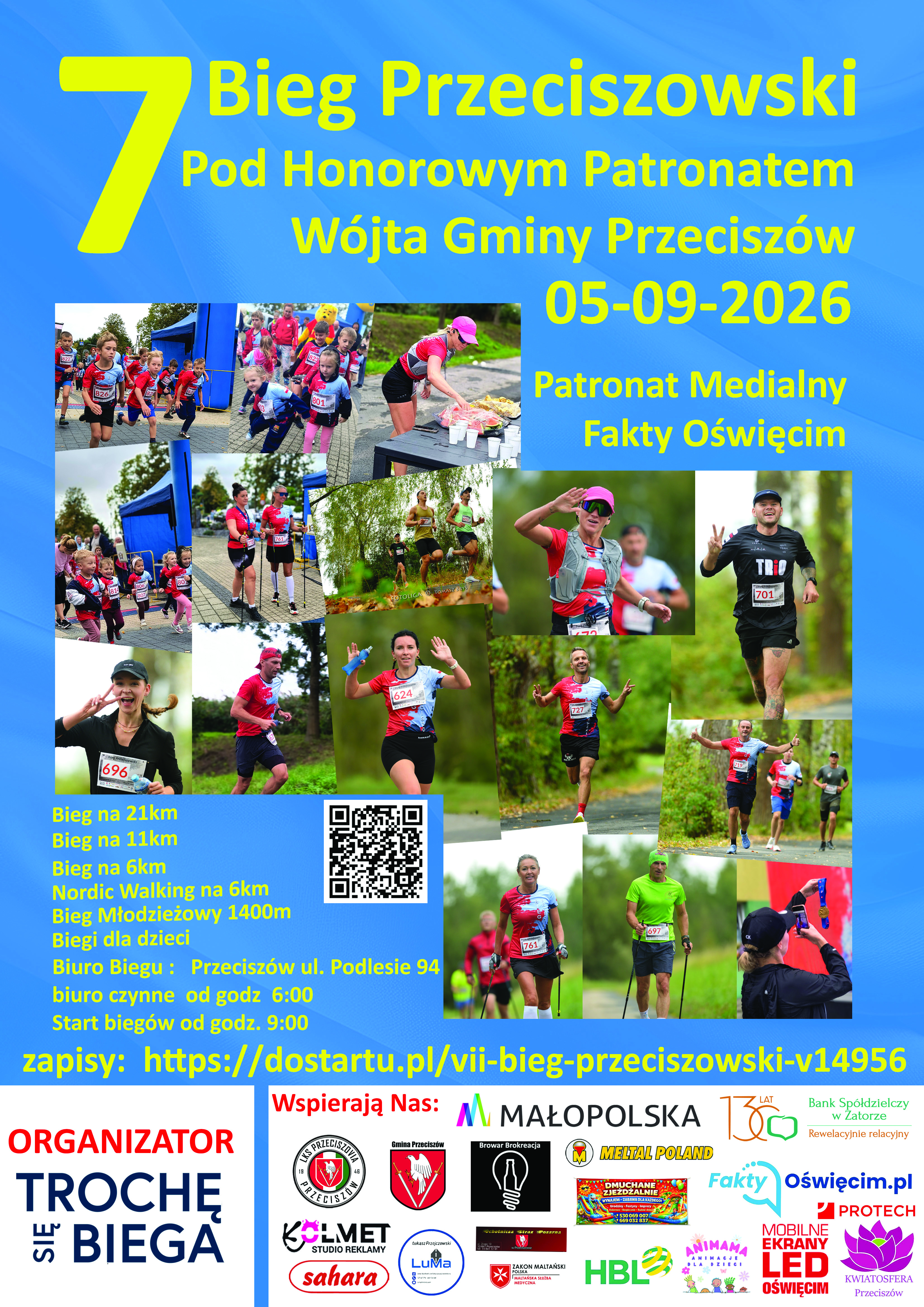 Plakat si&oacute;dmego biegu przeciszowskiego. Na niebieskim tle program i&nbsp;zdjęcia uczestnik&oacute;w.