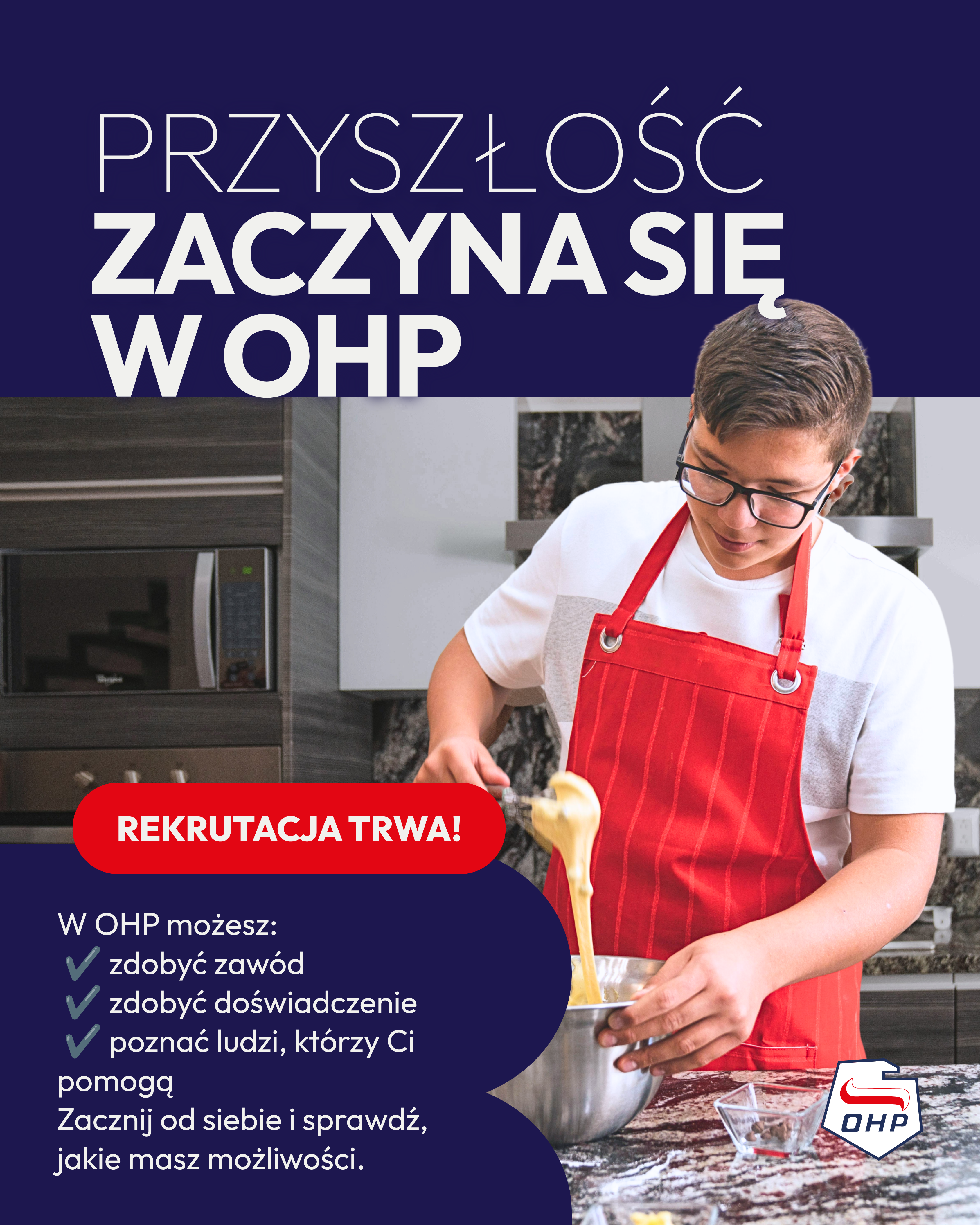 plakat rekrutacyjny gdzie jest opis i&nbsp;zdjęcie chłopca w&nbsp;czerwonym fartuchu przygotowującego ciasto w&nbsp;misce