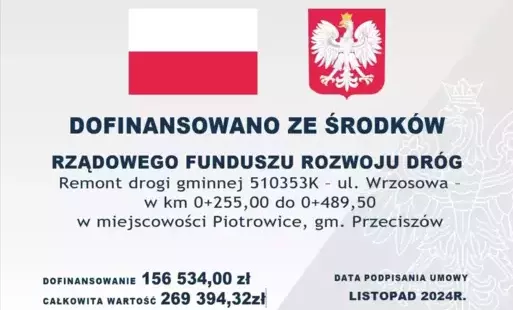 Zdjęcie do REMONT DROGI GMINNEJ 510353K - UL. WRZOSOWA - W KM 0+255,00 DO KM 0+489,50 W MIEJSCOWOŚCI PIOTROWICE, GM. PRZECISZ&Oacute;W