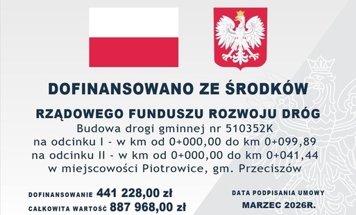 Informacja dot. dofinansowania ze środków Rządowego Funduszu Rozwoju Dróg budowy drogi, ul. Pagórkowa, wartości całkowitej inwestycji oraz dofinansowania. Na szarym tle granatowy tekst a na górze przed tekstem od lewej flaga Polski i Godło.
