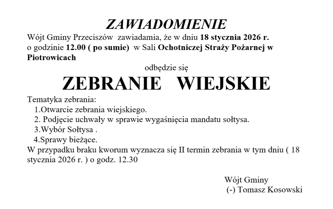 Zdjęcie do Zebranie wiejskie w Piotrowicach - 18.01.2026 r.