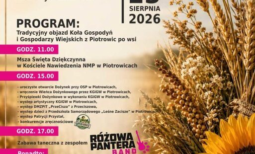 Zaproszenie na dożynki w Piotrowicach w dniu 23.08.2026 r.